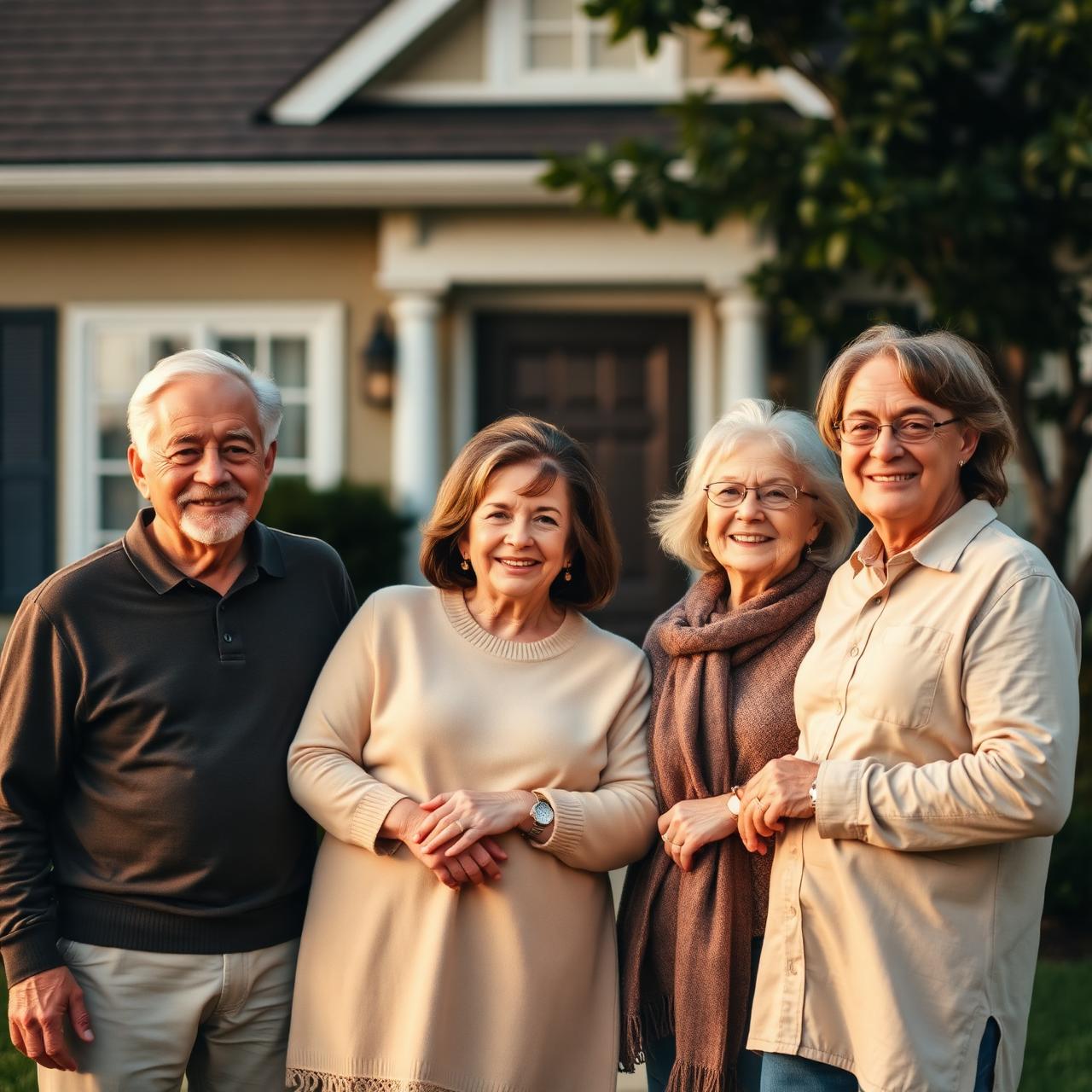 A multigenerational family standing together in front of their home
